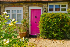 terraced house with pink front door