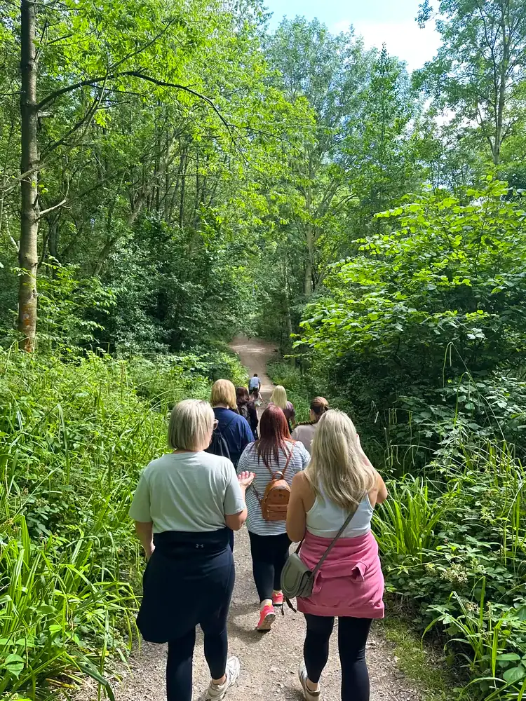 Group walking a woodland path